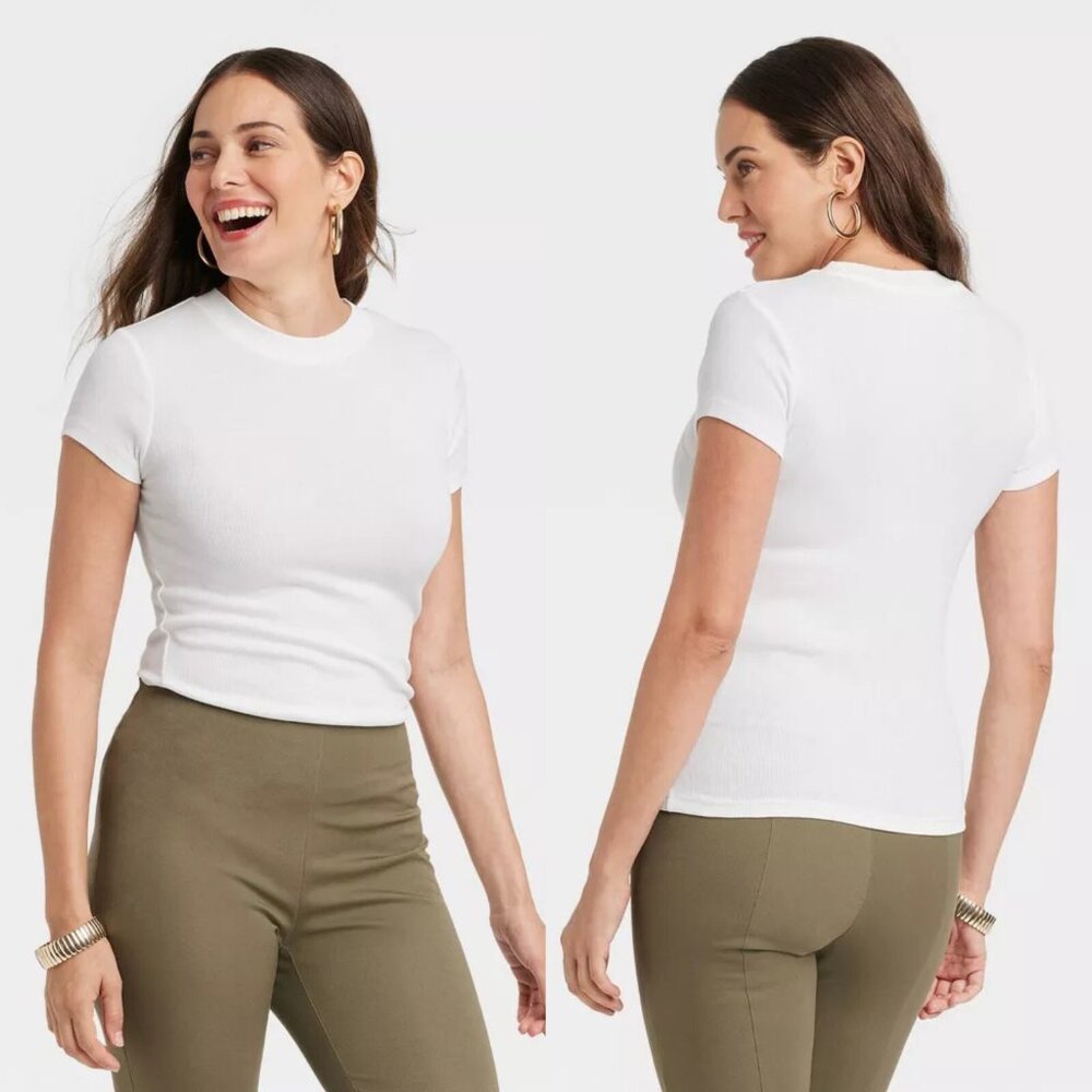 2 PACK Large - Womens Slim Fit Short Sleeve Ribbed T-Shirt - A New Day - White